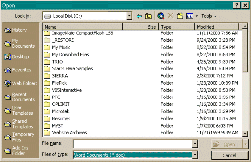 Word 2000 'Open' Window